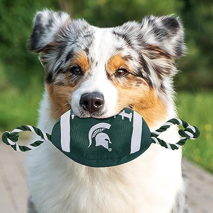 NCAA Michigan State Spartans Football Dog Toy, Tough Quality Nylon Materials, Strong Pull Ropes, Inner Squeaker, Collegiate Team Color - color: Michigan State Spartans