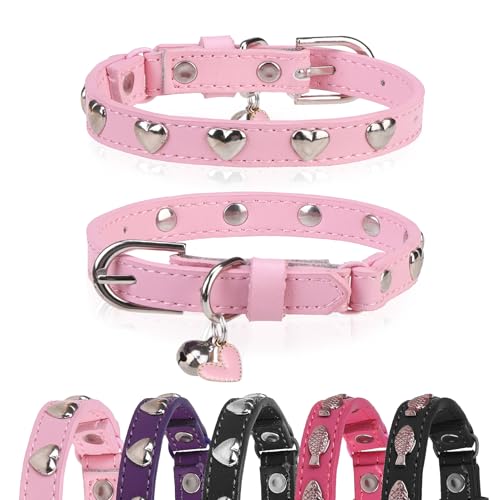 Leather Cat Collars for Boy Girl Cats with Bell and Safety Elastic Belt, Personalized Love and Fish Stud Adjustable Safe Buckle Collar for Kitty Small Big Cats Size 8-11 Inch, Pink - color: Light Pink_Love Heart, size: 8"-11" Cats / Mini Dogs(Pack of 1)
