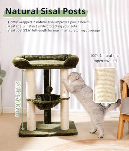Happi N Pets 28" Cat Tree, Large Bed for Big Cats, Small Cat Tower with Soft Perch for Window Viewing, Stable Cat Tree Tower, Cat Scratching Post with Hammock, Removable Cover-Green - color: Olive Green
