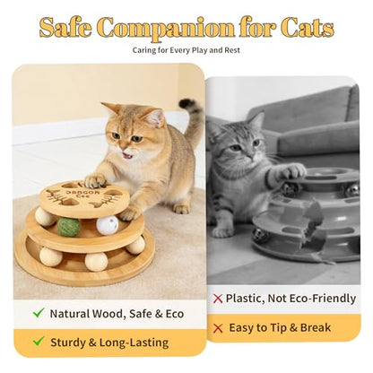 Cat Ball Track Toy with Puzzle Top, Interactive Cat Toys for Indoor Cats with Spinning Balls, Wooden Cat Ball Tower Toy for Kitten Kitty Exercise Mental Physical