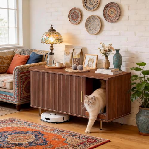 Cat Litter Box Enclosure with Scratch Pad, Sliding Door, 38.5" Cat Litter Furniture Hidden Litter Box Cabinet, Modern Indoor Cat House, TV Stand, Side End Table for Living Room (Walnut) - color: Walnut