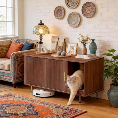 Cat Litter Box Enclosure with Scratch Pad, Sliding Door, 38.5" Cat Litter Furniture Hidden Litter Box Cabinet, Modern Indoor Cat House, TV Stand, Side End Table for Living Room (Walnut) - color: Walnut