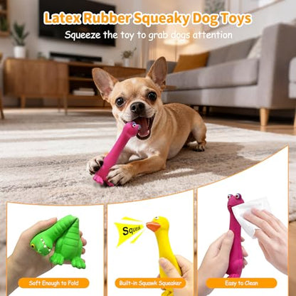 Latex Squeaky Dog Toys, 3 Pack Soft Rubber Dog Chew Toys, 7" Standing Stick Animal Pet Toy to Keep Them Busy, Interactive Fetch Squeak Toy for Puppy Small Dogs - color: Purple & Yellow & Green
