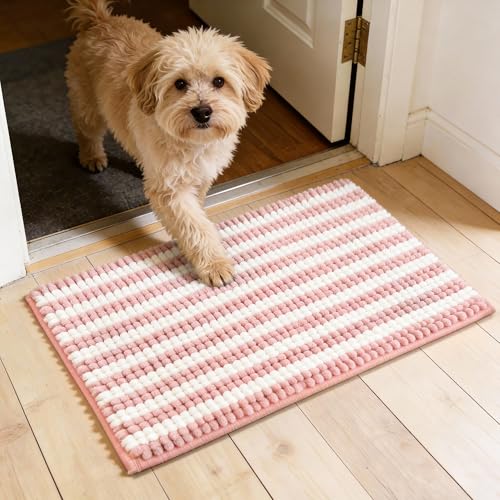 Dog Door Mat for Muddy Paws - Absorbent Quick-Dry Non-Slip Washable Chenille Pet Rug, Indoor Entryway Mat for Front Door & Crate(Pink, 30" L*18" W) - color: Pink, size: 30"L*18"W