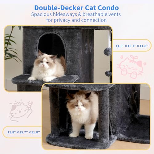 Heybly Cat Tree, 26.3-inch Cat Tower with Spacious Top Perch for Large Cats, Stair-Style Cat House Furniture with Dual-Layer Condos, Sisal Scratching Posts, Cozy Basket & Pompom, Smoky Gray HCT204SG - color: Smoky Gray, size: 26.3 inch