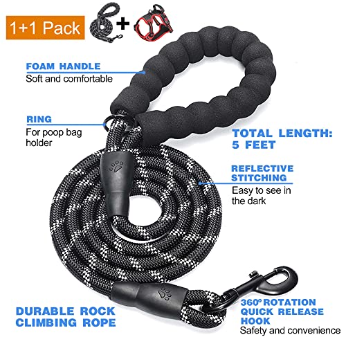 tobeDRI No Pull Dog Harness Adjustable Reflective Oxford Easy Control Medium Large Dog Harness with A Free Heavy Duty 5ft Dog Leash - color: Black/Red Harness+Leash, size: Medium