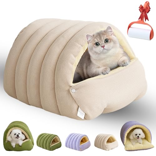 Removable and Washable Winter Closed-Off Cat Bed, Soft Cotton Cozy Cat Cave House, Foldable Warm Plush Pet Nest, Comfortable Secure Snuggle Hut for Indoor Cats (Beige, 16.5Ibs cat, 11 lbs Dog) - color: Beige, size: 16.5Ibs cat, 11 lbs dog
