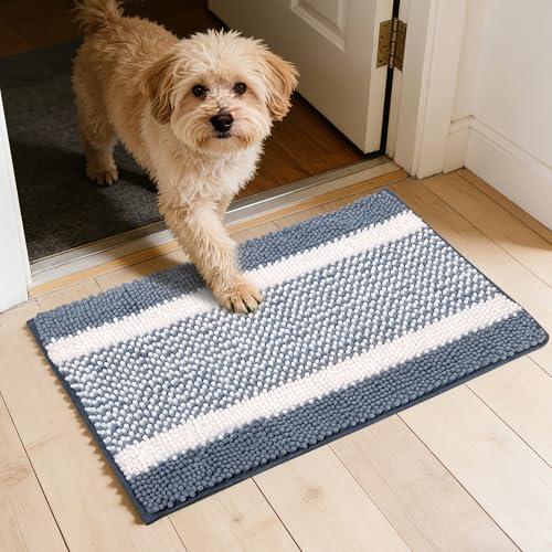Dog Door Mat for Muddy Paws - Absorbent Quick-Dry Non-Slip Washable Chenille Pet Rug, Indoor Entryway Mat for Front Door & Crate (Blue White, 30" L*18" W) - color: Blue White, size: 30"L*18"W