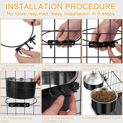Dog Crate Bowls Hanging No Spill, ShineMe 60oz & 40oz Stainless Steel Dog Kennel Food and Water Bowls Mountable for Large and Medium Pets (7.0 x 3.7” & 6.2 x 2.5”) - color: Black, size: L (7.0x3.7'' & 6.2x2.5'')