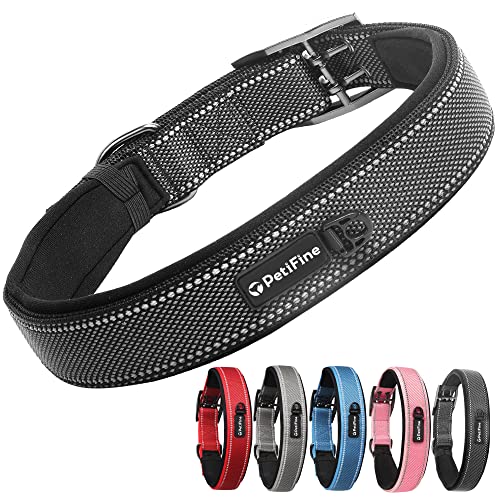 Dog Collar for Large Dogs, Neoprene Padded and Adjustable, Reflective Wide Heavy Duty Pet Collars with Durable Metal Belt Buckle for Walking, Black, XL - color: Black, size: X-Large (23"-27")