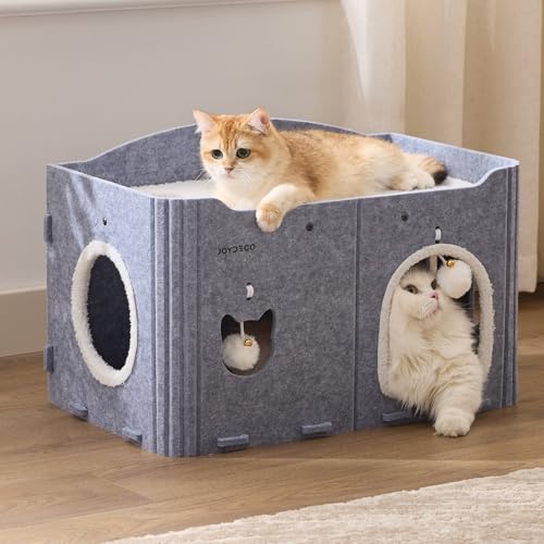 Joydeco Cat House for Indoor Cats, Extra Wide Scratch Resistant Felt Cat Condo, Hideaway Pet Cave Bed with Fluffy Ball and Tunnel for Kitten, Small Dogs, Rabbits, 22.4 x 13.7 x 14.9, Grey - color: Grey, size: Extra Widen