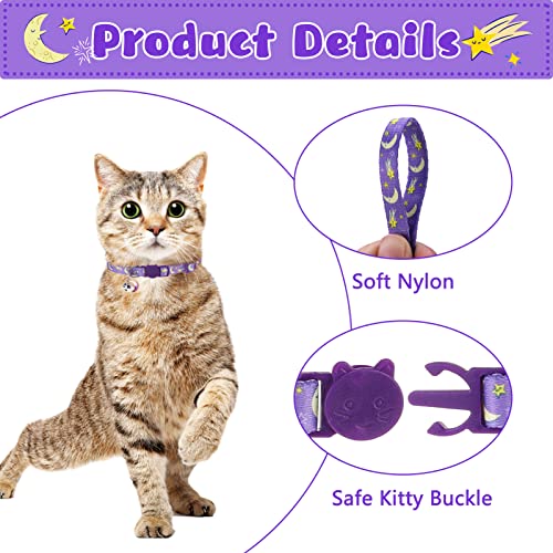 Breakaway Cat Collars with Bell & Cute Pendants, 3 Pack Safety Buckle Kitten Collars, Adjustable Pet Collar Ideal for Girl Boy Cats Puppy (Moon&Star) - color: Style A - Moon