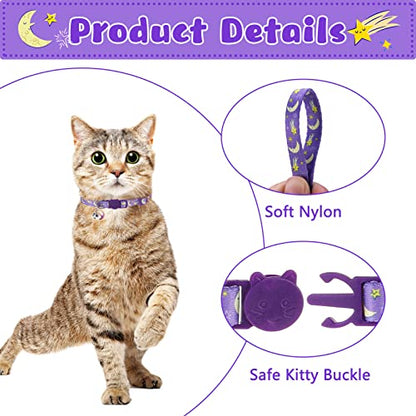 Breakaway Cat Collars with Bell & Cute Pendants, 3 Pack Safety Buckle Kitten Collars, Adjustable Pet Collar Ideal for Girl Boy Cats Puppy (Moon&Star) - color: Style A - Moon