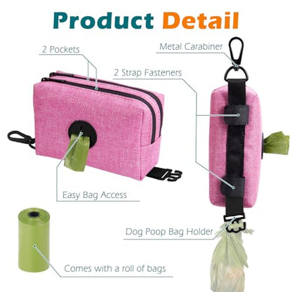 Dog Poop Bag Holder, Portable Pet Waste Bag Dispenser, 2 Pouches for Treats and Walking Accessories, Fit All Leashes, Includes 1 Roll of Dog Poop Bags (Pink) - color: Pink