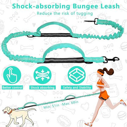 Hands Free Dog Leash with Zipper Pouch, Running Waist Leash for Dog Walking, Adjustable Waist Belt for Large Dogs, Reflective Bungee Design with Two Handle for Hiking, Training, Teal - color: Teal