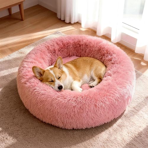 Donut Dog Bed Medium Size Dog, Round Cat Beds for Small Medium Dogs and Cats with Washable Fluffy Faux Fur, Cute Comfort Pet Bed with Anti-Slip Bottom, Pink, 30" - color: Pink, size: 30"L x 30"W x 8"Th