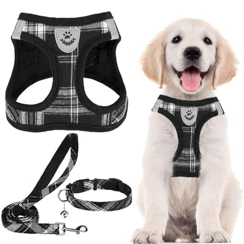 PUPTECK Adjustable Dog Harness Collar and Leash Set Step in No Pull Pet Harness for Small Medium Dogs Puppy and Cats Outdoor Walking Running, Soft Mesh Padded Reflective Vest Harnesses, Black XXS - color: Black, size: XXS (CHEST 11.5"-13")