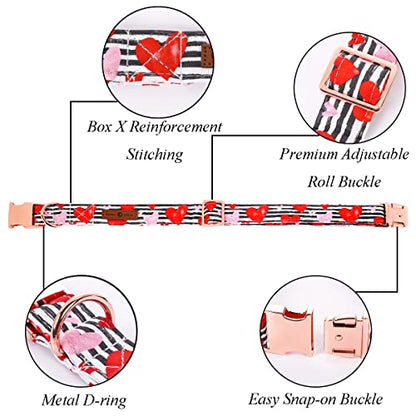 Lionet Paws Valentine Dog Collar, Heavy-Duty Cute Red Heart Pattern Fabric Pet Collar with Metal Buckle for Small, Neck 10-16 inches - color: B&W Hearts, size: Small (Pack of 1)