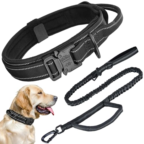 Heavy Duty Tactical Dog Collar and Leash Set, Military Training Nylon Reflective Collar with Handle Metal Buckle for Medium Large Dogs, Black, L (1 Patch Included) - color: Reflective Collar Black Set, size: L