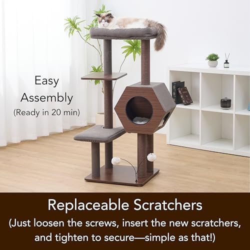 PetPals 5-Level 46.4” Mid-Century Modern Cat Tree with Hexagon Condo, Replaceable Recycled Paper Rope Scratchers, Washable Bed&Toys, Quick Assembly, Ideal for Medium Cats,Dark Brown - color: Dark Brown
