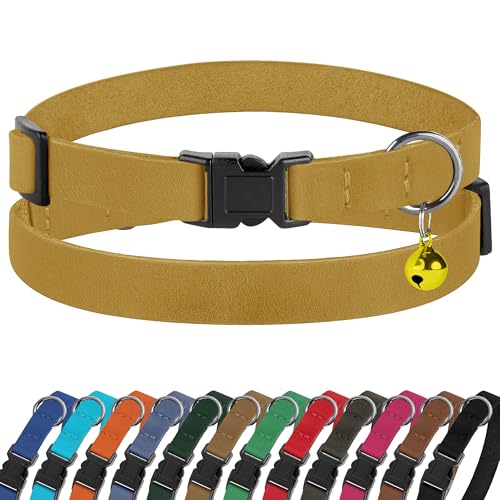 Breakaway Cat Collar Leather with Removable Bell - 13 Colors Available - Soft Adjustable Girl Boy Safety Lightweight Pet Kitten Collars Pink Brown Blue Green Red Orange Black (Mustard) - color: Mustard