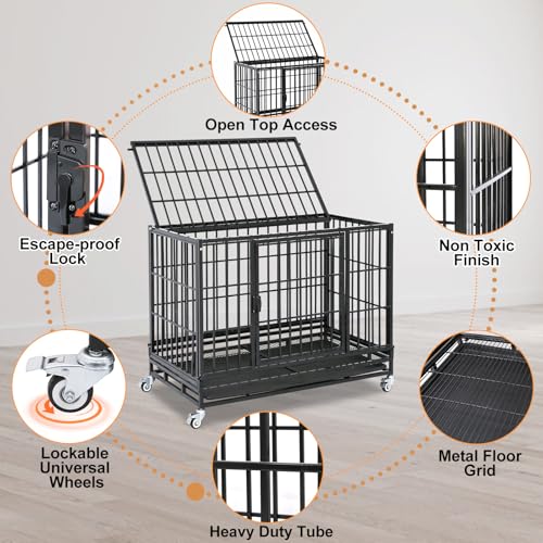 Homey Pet 37 Inch Heavy Duty Dog Crate Indestructible, Collapsible Dog Cage with Lockable Wheels, Removable Tray, High Anxiety Dog Kennel Indoor, Three Tiers Stackable Dog Crates for Medium Dogs - size: 37"L - 3 Tiers