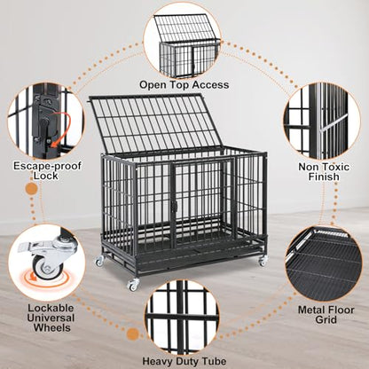 Homey Pet 37 Inch Heavy Duty Dog Crate Indestructible, Collapsible Dog Cage with Lockable Wheels, Removable Tray, High Anxiety Dog Kennel Indoor, Three Tiers Stackable Dog Crates for Medium Dogs - size: 37"L - 3 Tiers