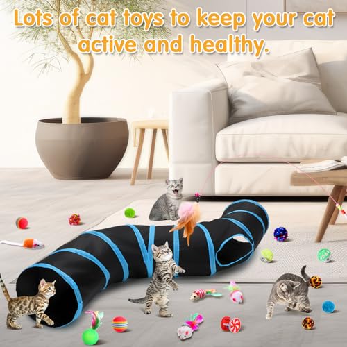Poen 22pcs Cat Kitten Toys Set with 2 Collapsible Cat Tunnel and 20 Interactive Kitty Feather Toy, Fluffy Mouse, Crinkle Balls, for Kitten Puppy(Blue, Black) - color: Blue, Black