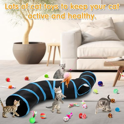 Poen 22pcs Cat Kitten Toys Set with 2 Collapsible Cat Tunnel and 20 Interactive Kitty Feather Toy, Fluffy Mouse, Crinkle Balls, for Kitten Puppy(Blue, Black) - color: Blue, Black