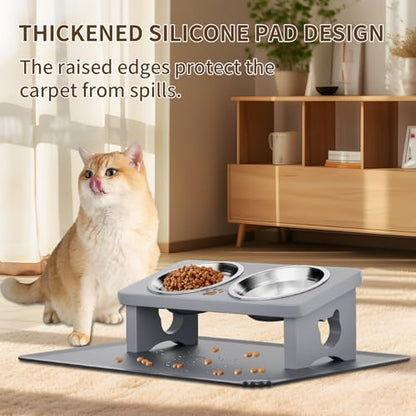 Elevated Cat Bowls, 15° Tilted Raised Cat Food Bowl with Solid Wood Stand & Stainless Steel Dishes, Cat Feeding Station with Silicone Mat, Helps Reduce Vomiting for Cats & Small Dogs(Slate Grey) - color: Gray