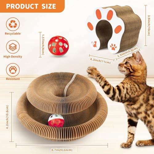 Collapsible Cats Cardboard Scratcher, Interactive Cat Toys for Indoor Cats, Scratch Pad Shape Shifting Ball Track with Bell, Magic Organ Cat Toy for Chase & Scratch Paw Easter Toys for Kitties Paw