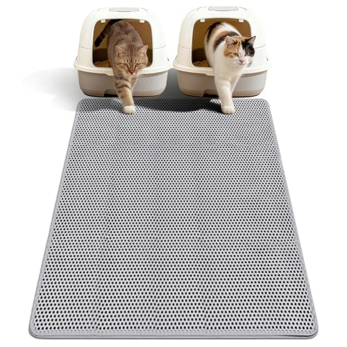 Cat Litter Mat for Large Cats, Double Layer Honeycomb Cat Litter Trapping Mat, Waterproof Urine Proof Non-Slip Kitty Litter Mats for Indoor Kitty Litter Box, Easy to Clean Grey (46.45“ x 26") - size: 46.5"L x 26"W