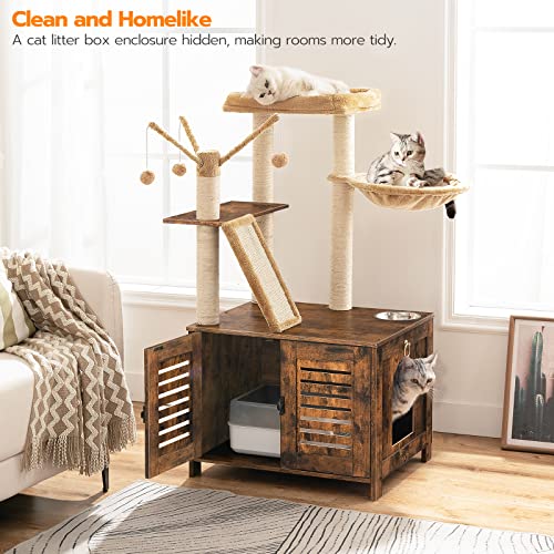 HOOBRO Cat Tree with Litter Box Enclosure, 44" Tall Wooden Cat Tower with Scratching Posts, Cat Hammock, Hidden Litter Box Furniture, All-in-One Indoor Cat Condo, Rustic Brown FG48MZ03 - color: Rustic Brown
