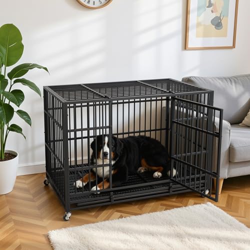 VOWNER 48 inch Heavy Duty Indestructible Dog Crate, Escape-Proof Dog Crate Cage Kennel with 4 Lockable Wheels, High Anxiety Dog Crate with Double Door and Removable Tray Design, for Large Dogs - size: 47.2"L x 29.5"W x 33.9"H