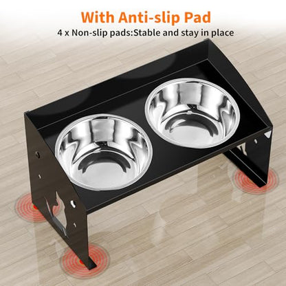 Elevated Cat Bowls with Splash Proof, 12°Tilted No Spill Raised Cat Food Water Bowls Set, Stainless Steel Pets Dishes with Adjustable Cute Metal Stand for Indoor Kitten Puppy, Anti-Vomiting