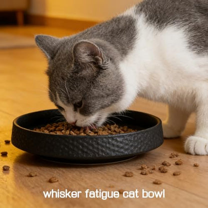 8 Inch Wide Ceramic Cat Bowl, Whisker Fatigue Relief Shallow Cat Food Bowl, Heavy Weight Non-Tip Pet Feeding Bowl, Matte Black Hammered Texture Cat Water Bowl for Cats & Small Dogs