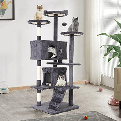 Go Pet Club 70'' Tall Multi-Level Cat Tree with Scratching Post, Stand Platform, Cat Condo, Tower and Funny Toy for Medium Indoor Cats - color: Light Gray
