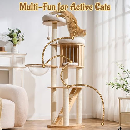 Modern Cat Tree Tower with Scratching Post, 61.5in Tall Cat Tree for Indoor Cats, Multi-Level Solid Wood Cat Furniture with Ladder, Cozy Cat Beds, Cat Condo, Capsule Nest, Dangling Toy, Natural - color: 61.5"Natural