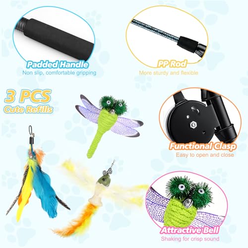 Pawaboo Cat Feather Toys, 4 Pack Interactive Cat Feather Teaser Wand Toys, Retractable Fishing Pole Wand Catcher Exerciser with Refill Fish, Dragonfly Worm with Bells, Blue Yellow Green - color: Bionic Colorful Feather