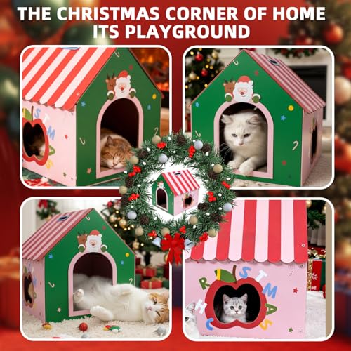 WUGO Cute Cat Scratcher House Cardboard Cat House with 2pcs Scratching Pad 16.5"x16"x17" Reversible Cute Cat House Decorations Scratcher for Kitty Play House for Indoor Cats’ Birthday Cats Red