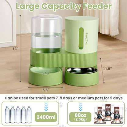 2 Pack Automatic Cat Feeder Stainless Steel Water Dispenser Gravity Food Feeder and Waterer Set with Pet Food Bowl for Small Medium Kitten Puppy Pets Large Capacity(Green) - color: Green
