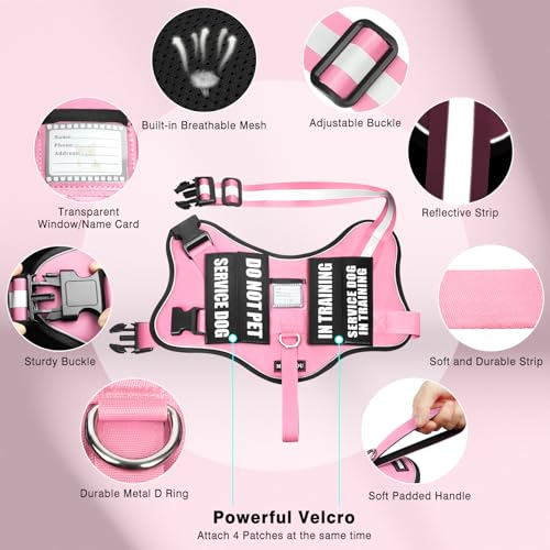 Service Dog Vest Harness and Leash Set+10 Patches,No Pull&Easy Walk Reflective Dog Harness with Soft Padded Handle for Training/Everyday,Fit Small/Medium/Large/Extra-Large Dogs (Pink L) - color: Pink, size: Large