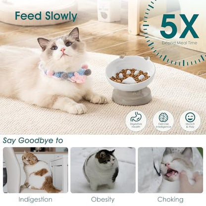 vancasso Ceramic Elevated Slow Feeder Cat Bowls,Slow Feeder Elevated Cat Bowl Wet Food, Raised Cats Bowl for Indoor Cats (Grey) - color: Grey