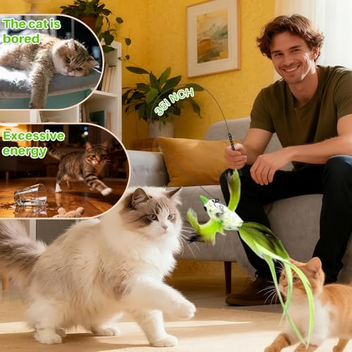 Walfront Christmas Cat Toys, Green Feather Bird Wand with Pink Flower Suction Base, Fishing Rod Design, Indoor Play for Adult Cats, Single Cat Homes, Fun Self Play and Relaxing Mood