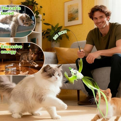 Walfront Christmas Cat Toys, Green Feather Bird Wand with Pink Flower Suction Base, Fishing Rod Design, Indoor Play for Adult Cats, Single Cat Homes, Fun Self Play and Relaxing Mood