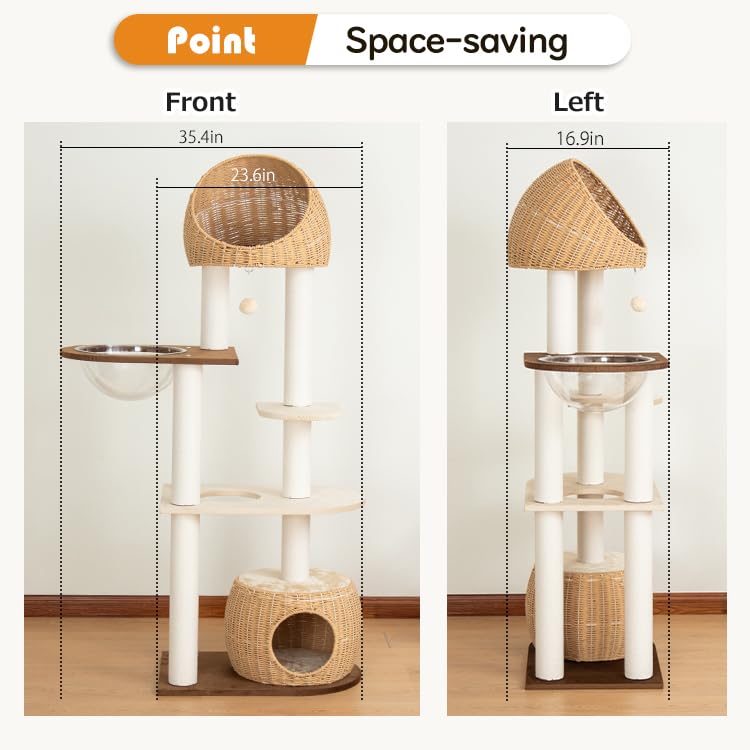 Modern Cat Tree for Large Cat, 60-Inch Tall Cat Tower with Scratching Post for Indoor Cats, Multi-Level Cat Condo with Hand-Woven Cat Bed and Acrylic Bowl (Brown-Particle Board) - color: Brown 81004D