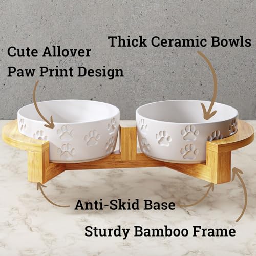 Ceramic Dog Bowls with Stand - Small Dog Bowl Set with Stand Non-Slip - 2 Ceramic Dishes with Anti-Skid Bamboo Stand for Small Dogs - Elevated Dog Bowls Set of 2 - Raised Pet Feeding Station - color: White with Stand, size: Small