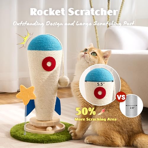 Cat Scratching Post, Rocket Cute Sisal Cat Scratcher with Durable Solid Wood Turntable Toy, Cat Scratch Post Red Cat Scratcher with Spinning Star Toy for Indoor Adult Cats - color: Blue Rocket