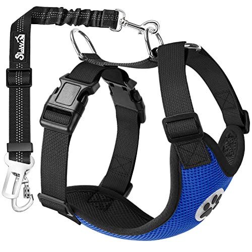 SlowTon Dog Seat Belt Harness for Car, Dog Car Harness Adjustable Mesh Breathable & Dog Seatbelt Safety Tether with Elastic Bungee for Small Medium Large Pets(Blue, Double Clip, L) - color: L-Blue, size: Large