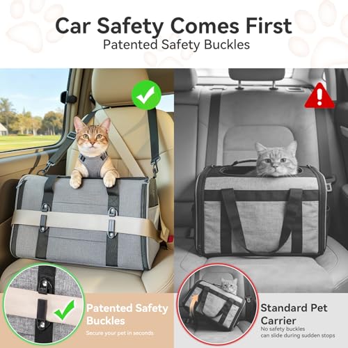 PETSFIT Soft-Sided Cat Carrier with Patented Safety Buckles, Lockable Zippers & Safety Tether,Escape-Resistant Travel Pet Carrier for Car Rides & Vet Visits, Airline Approved Under-Seat, Up to 12 lbs - color: Gray, size: Medium